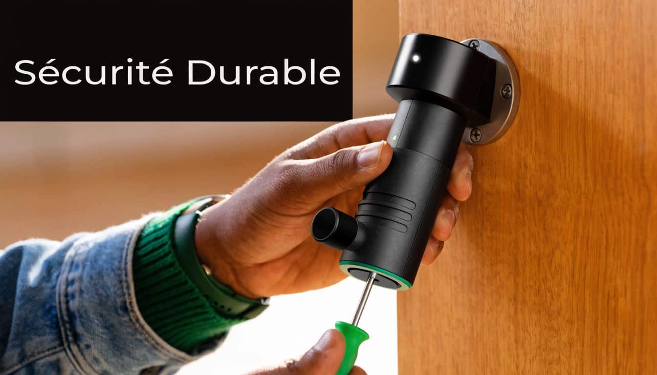 One hand installs a smart connected lock on a wooden door using a screwdriver.