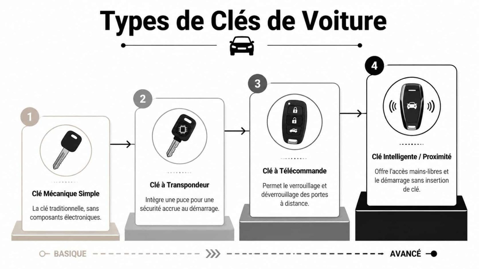 Infographic illustrating the evolution of the four main types of car key, from mechanical to intelligent.