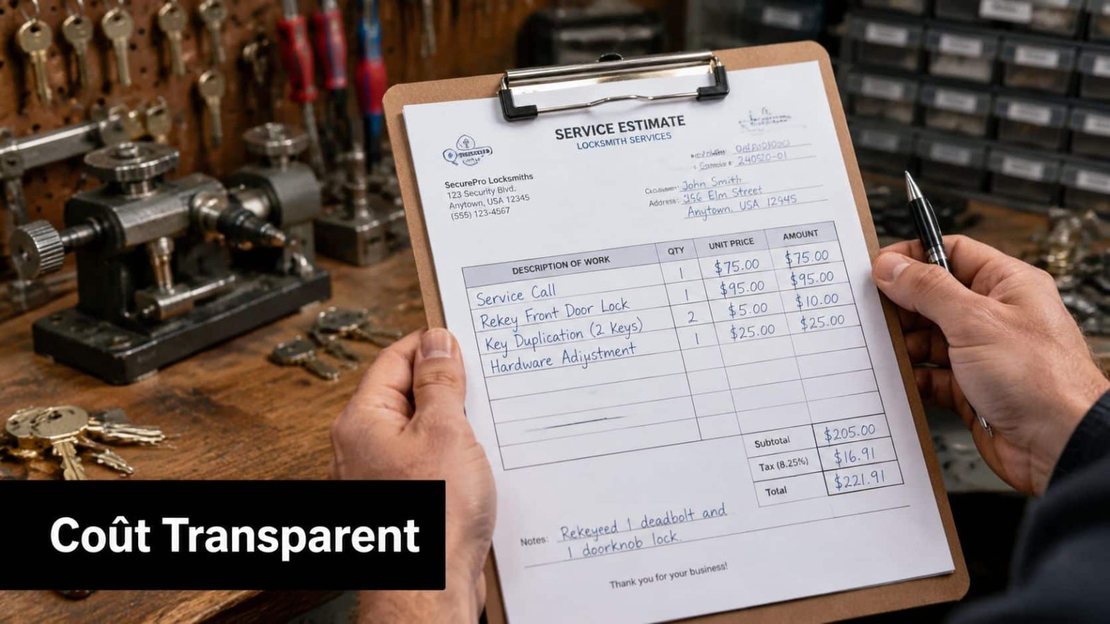 A locksmith keeps a service estimate detailing costs for lock repair and replacement.