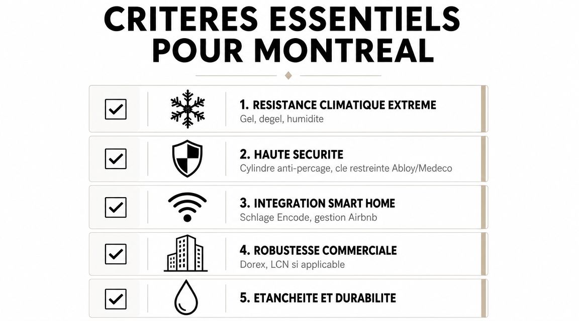 Liste des cinq critères essentiels pour le choix de quincaillerie de porte à Montréal, incluant sécurité et robustesse.