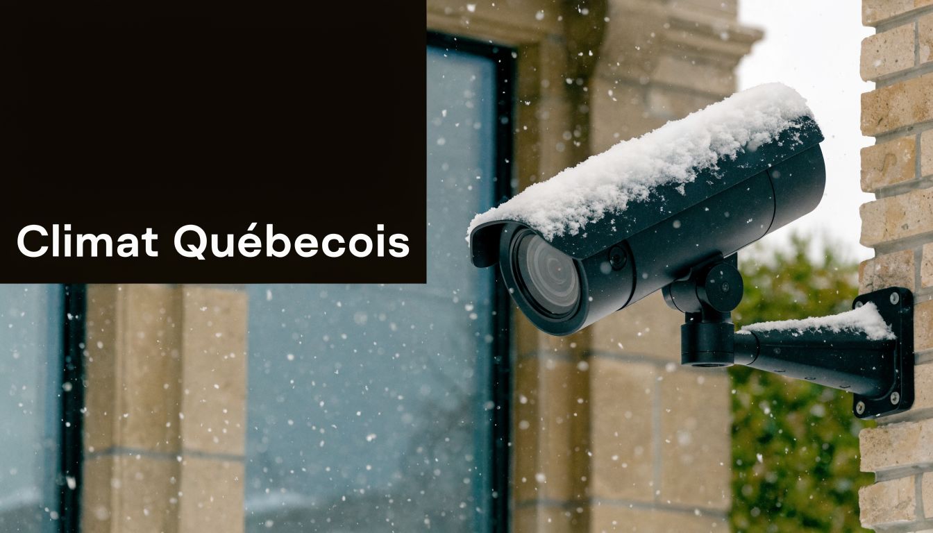 Une caméra de surveillance extérieure recouverte de neige pendant une journée d'hiver au Québec