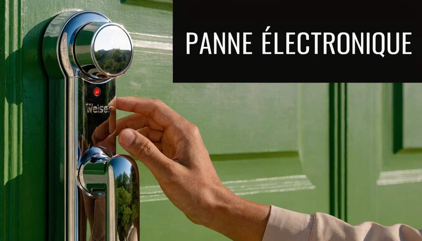 Une main touche une serrure électronique Weiser défectueuse sur une porte verte, signalée par un voyant rouge.
