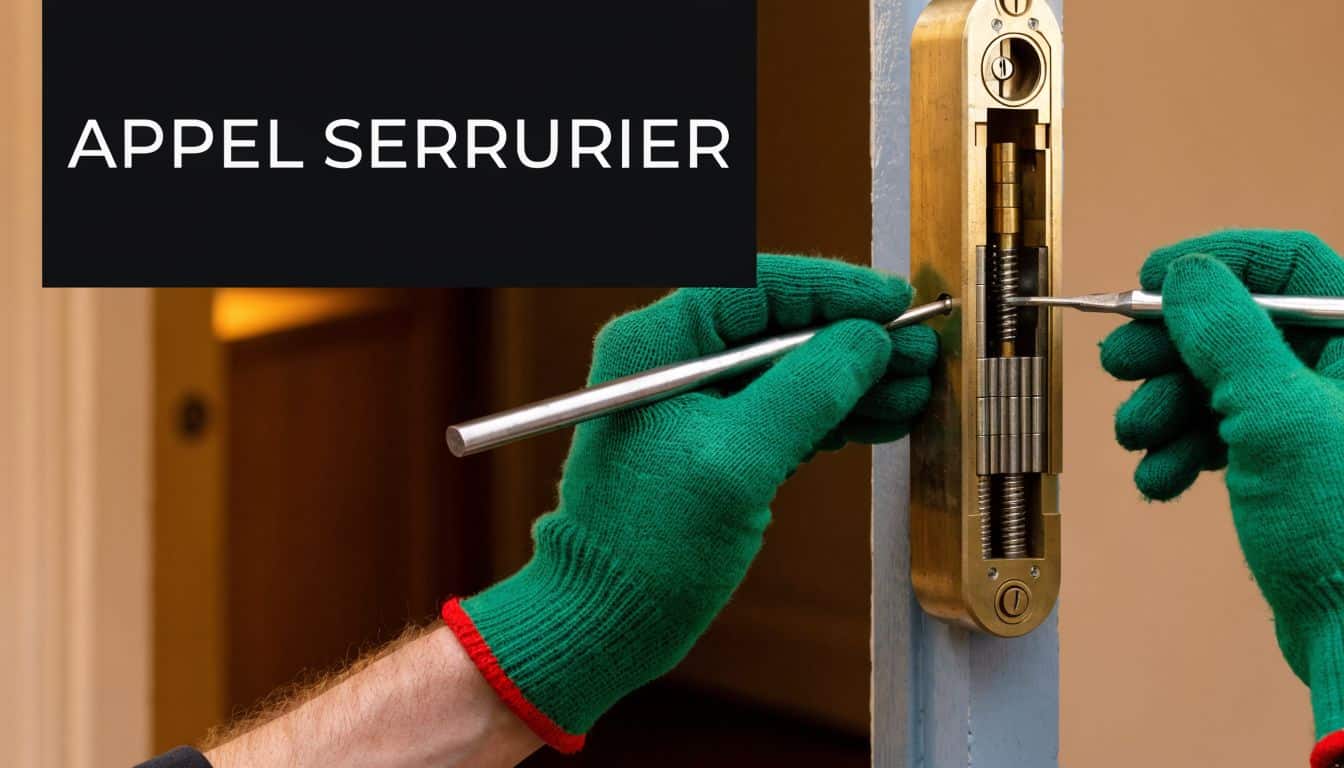 Un serrurier professionnel en gants verts répare le mécanisme interne d'une serrure weiser sur une porte.
