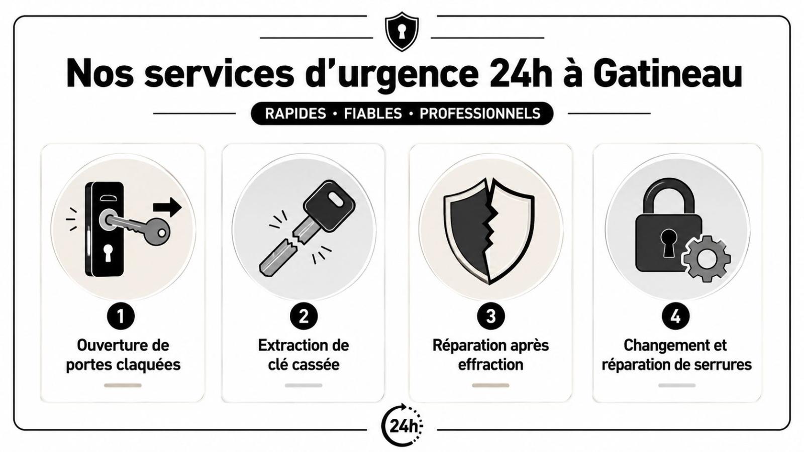 Infographie illustrant les services de serrurier d'urgence 24h à Gatineau incluant l'ouverture, l'extraction et la réparation.