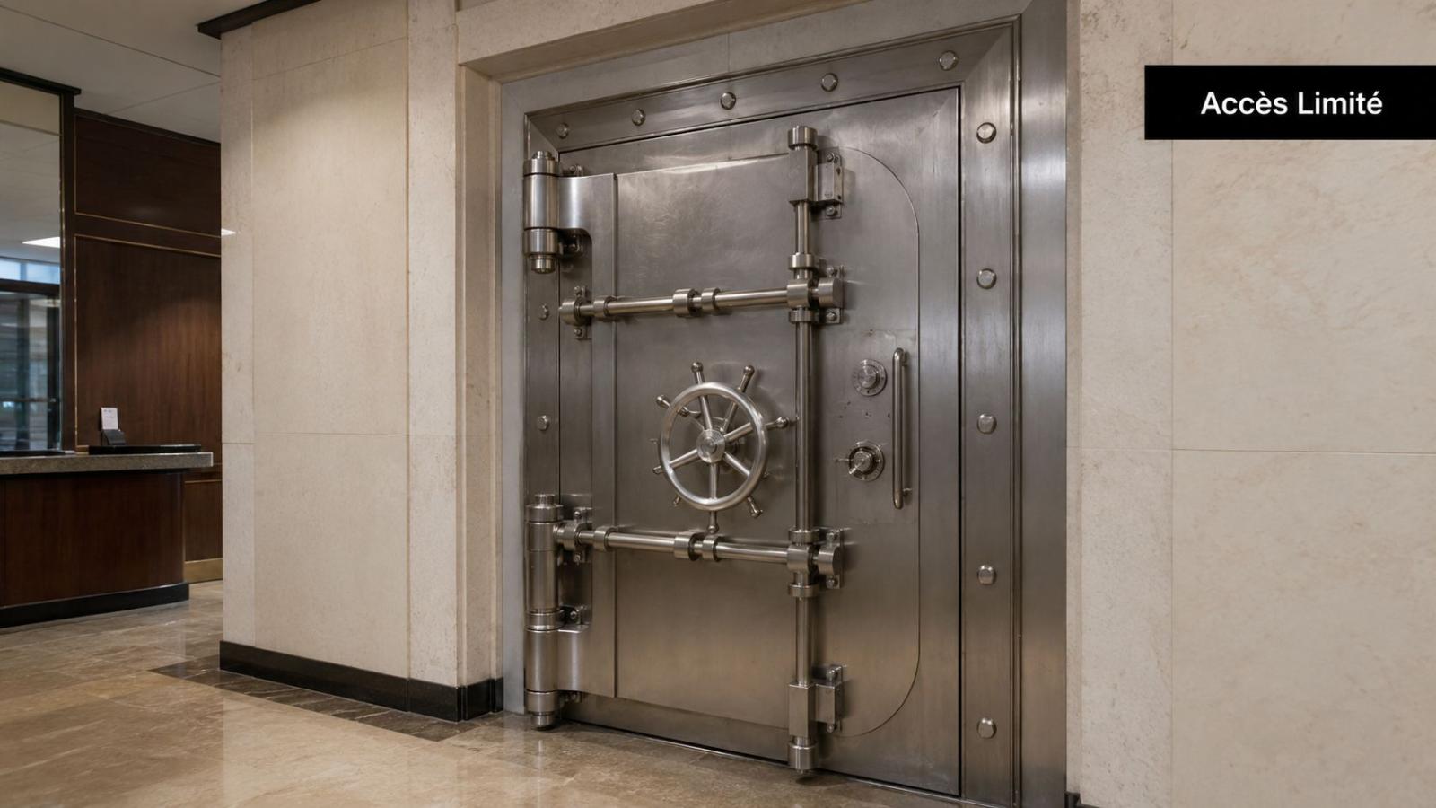 Une lourde porte de coffre-fort en acier installée dans le mur en marbre d'une banque avec accès limité.