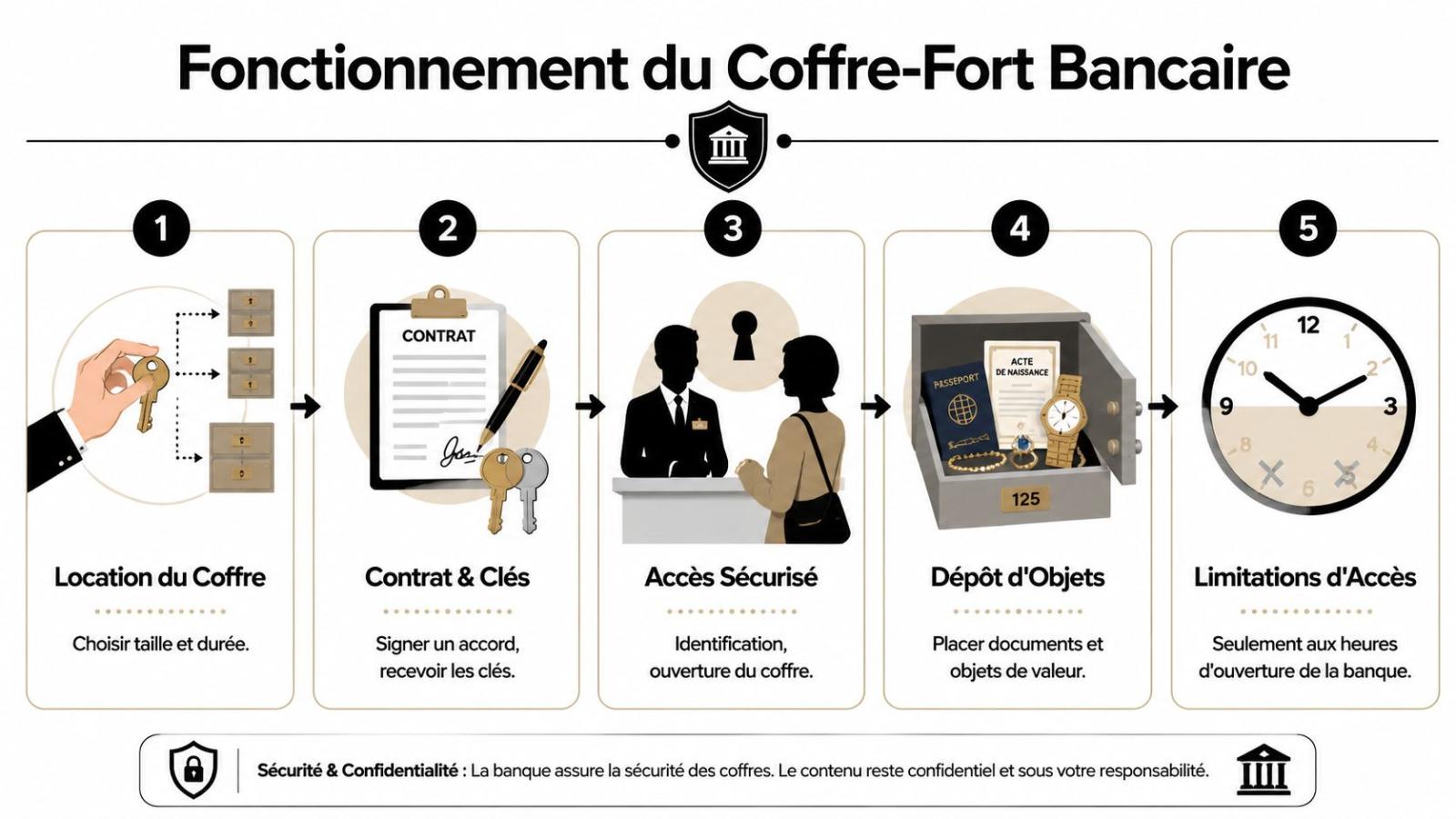 Une infographie montrant les cinq étapes de fonctionnement pour la location d'un coffre-fort dans une banque.
