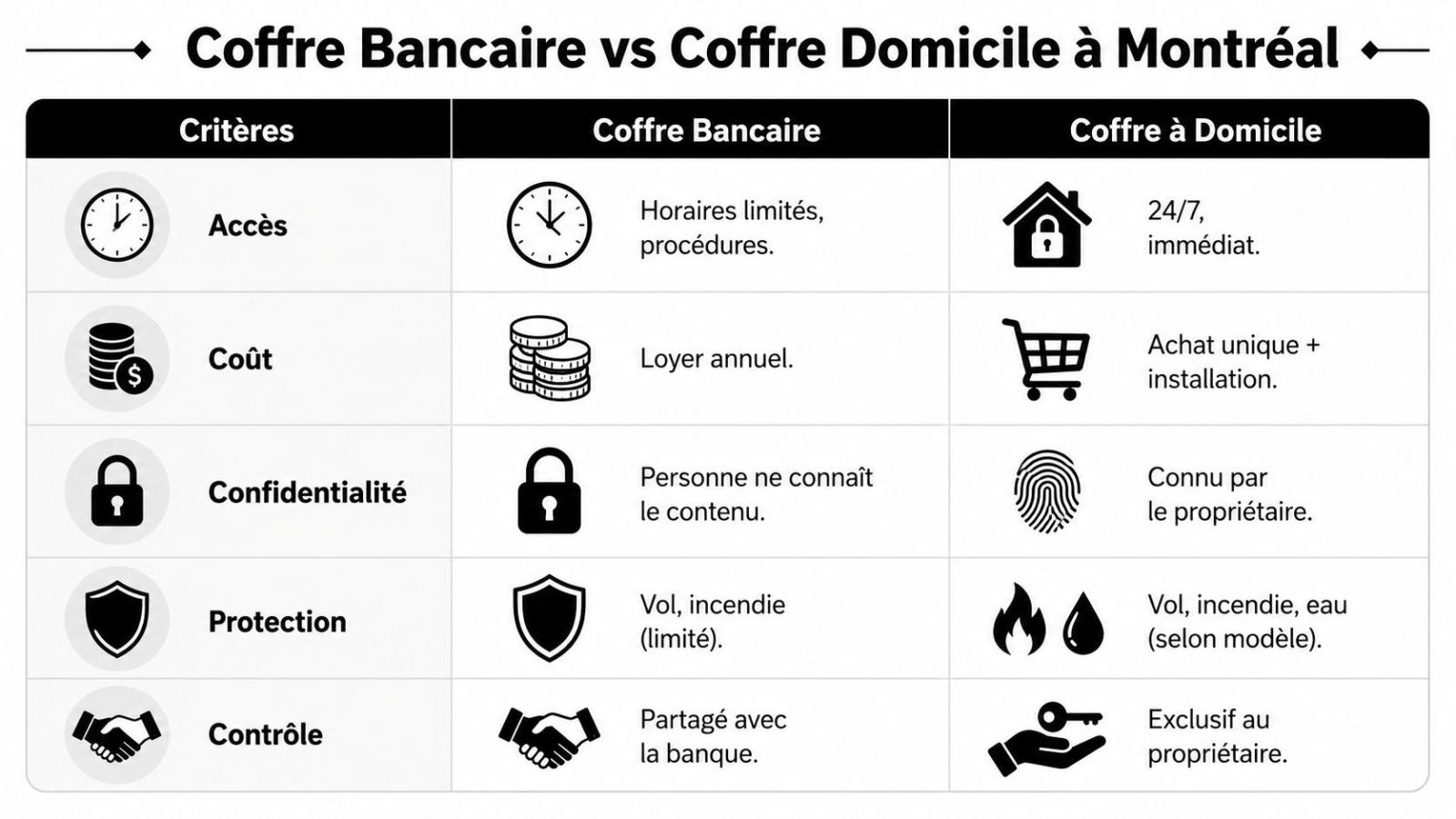 Tableau comparatif illustrant les différences entre un coffre-fort bancaire et un coffre-fort à domicile à Montréal.