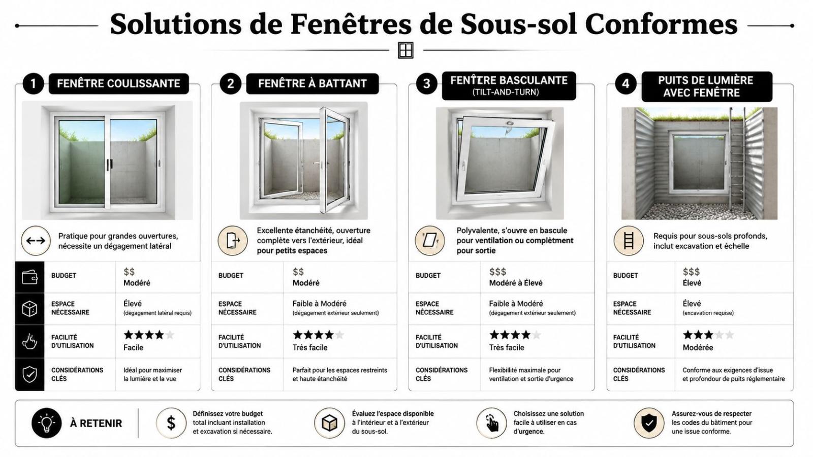 Comparatif illustré des quatre types de fenêtres conformes pour les sorties de secours en sous-sol.