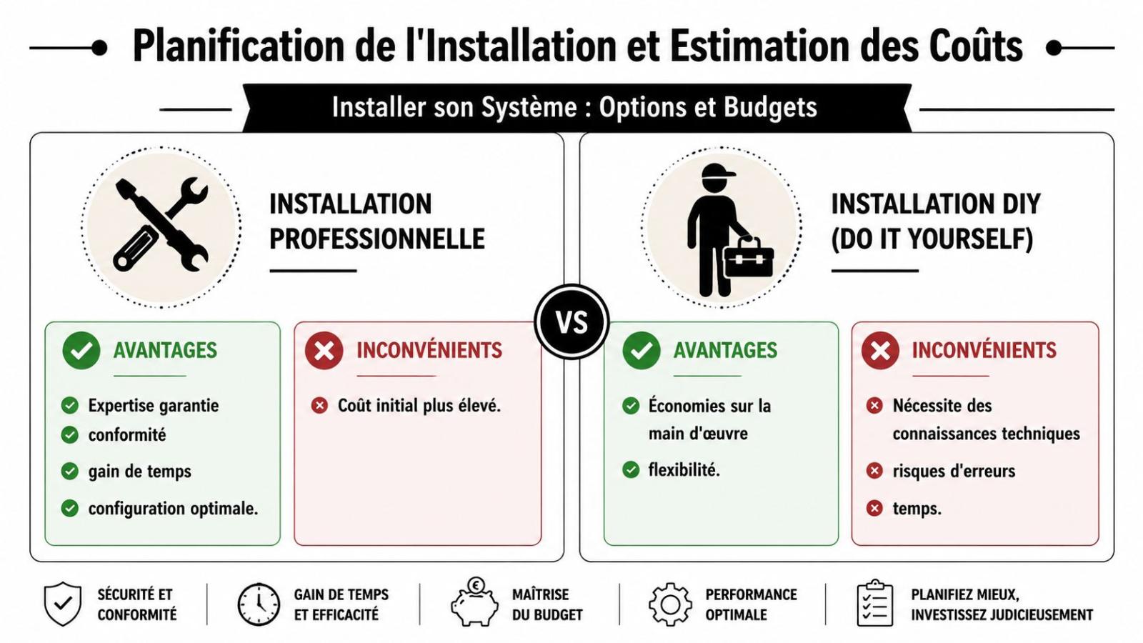 Comparatif visuel entre une installation professionnelle et une installation par soi-même pour un système technique.