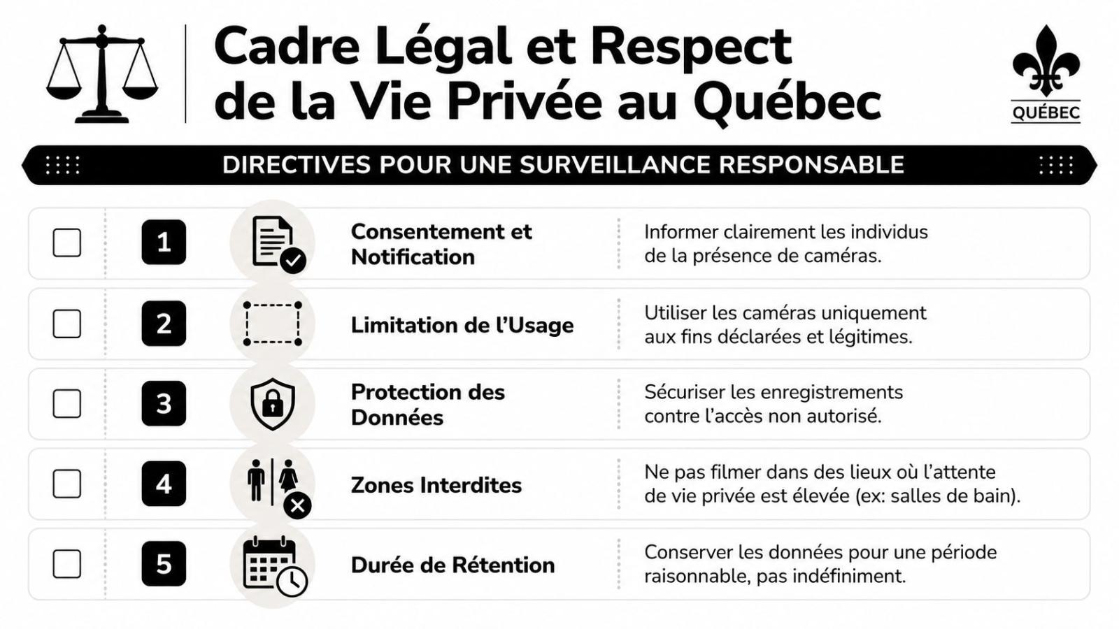 Une infographie québécoise détaillant cinq directives juridiques essentielles pour l'utilisation responsable de systèmes de surveillance par caméra.