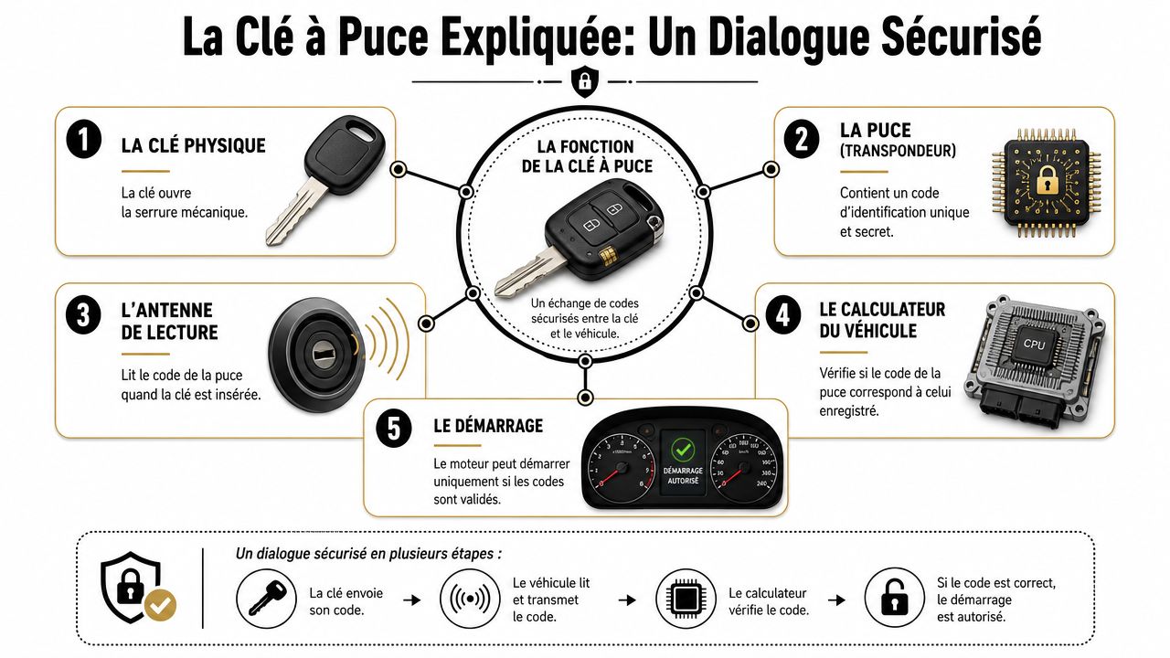 An explanatory diagram showing how a car key equipped with a microchip and a transponder works securely.