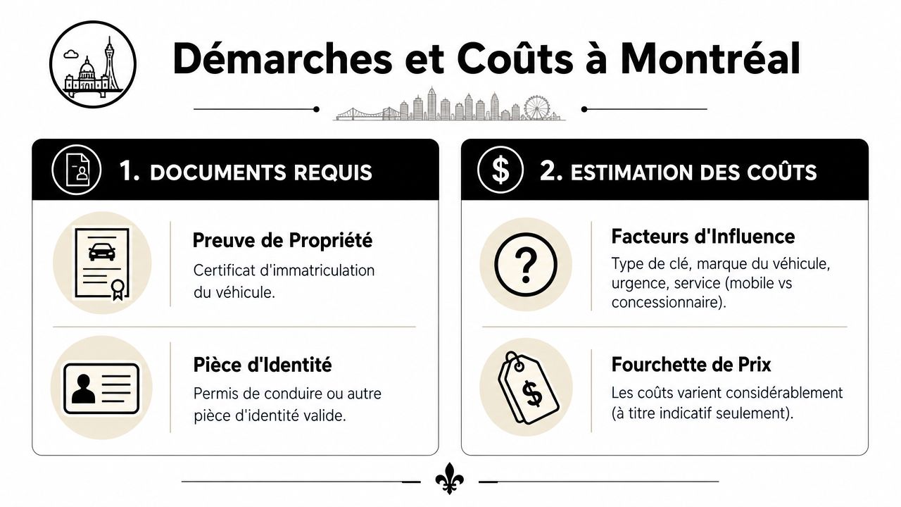 Infographie détaillant les documents nécessaires et l'estimation des coûts pour remplacer une clé de voiture à Montréal.