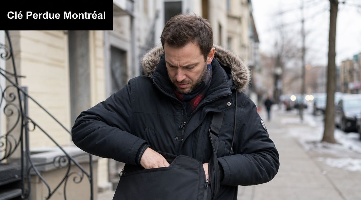 Un homme anxieux cherchant ses clés perdues dans son sac à main sur un trottoir à Montréal.