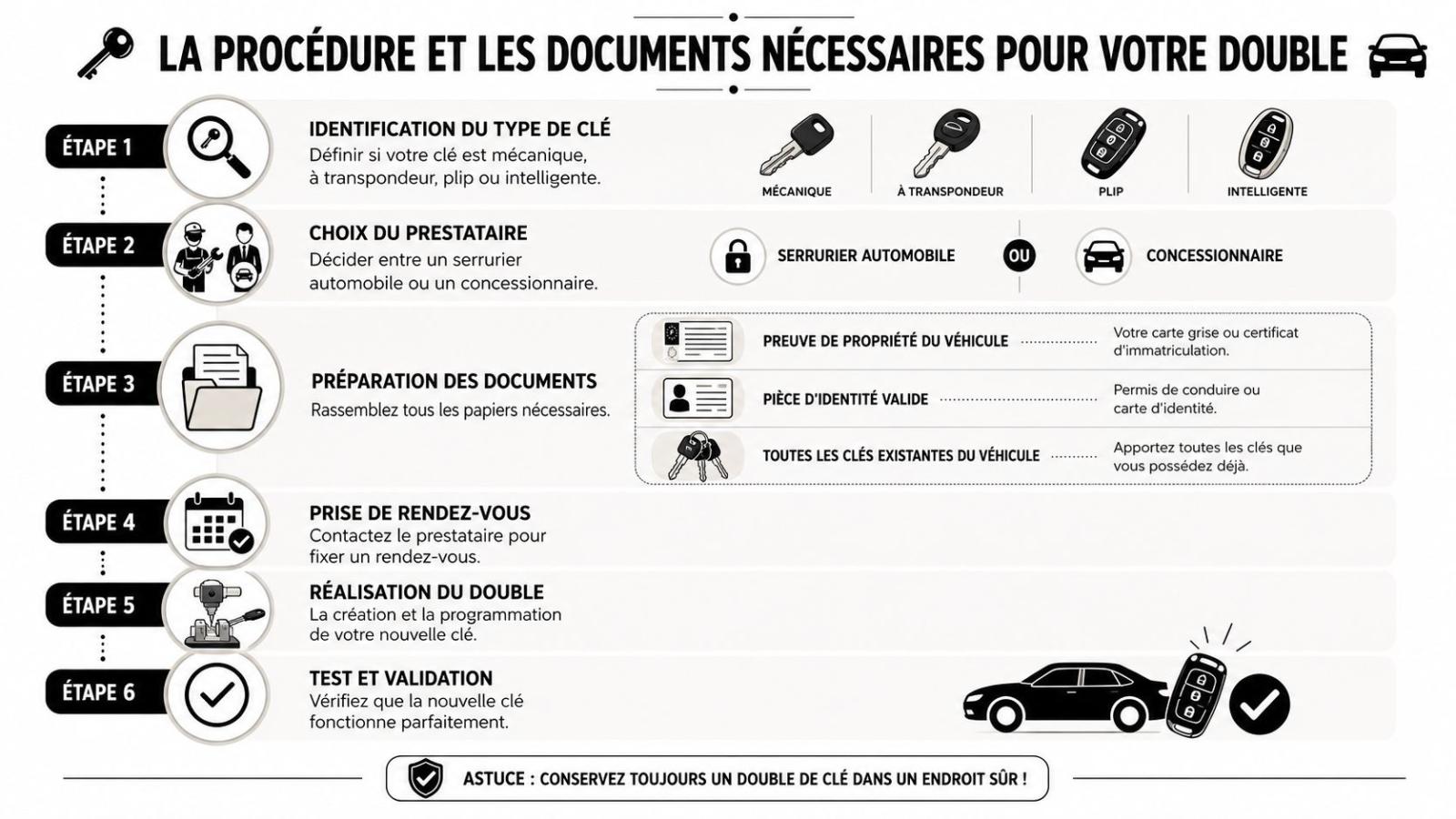 Infographie illustrant les étapes et documents nécessaires pour obtenir un double de clé de voiture.