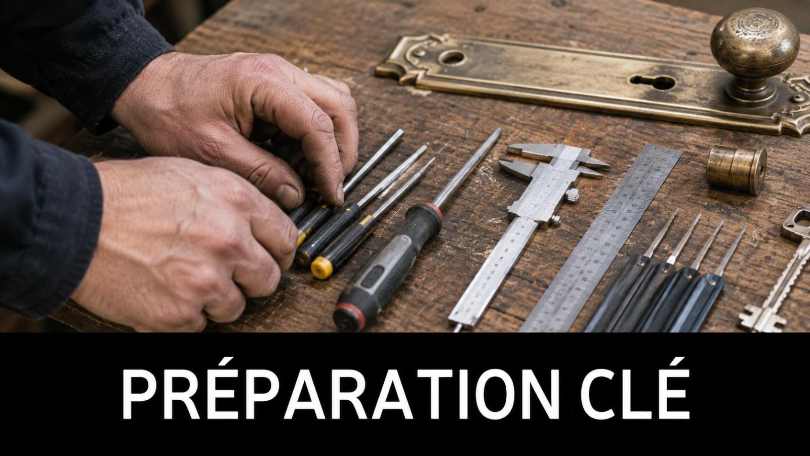 A locksmith's hands are using precision tools on a wooden table to make a key.