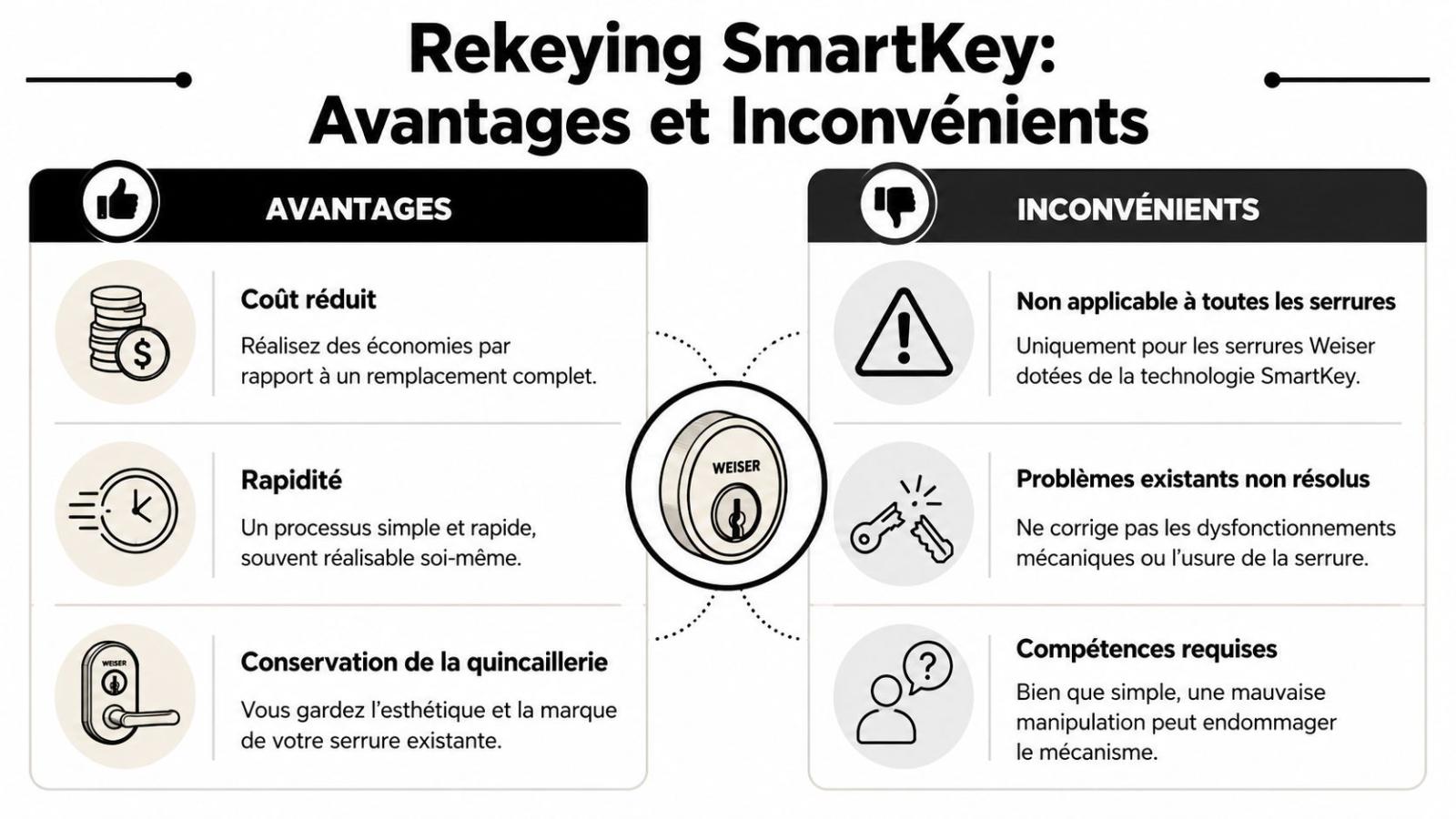 Infographic comparing the pros and cons of changing the combination on Weiser SmartKey locks.