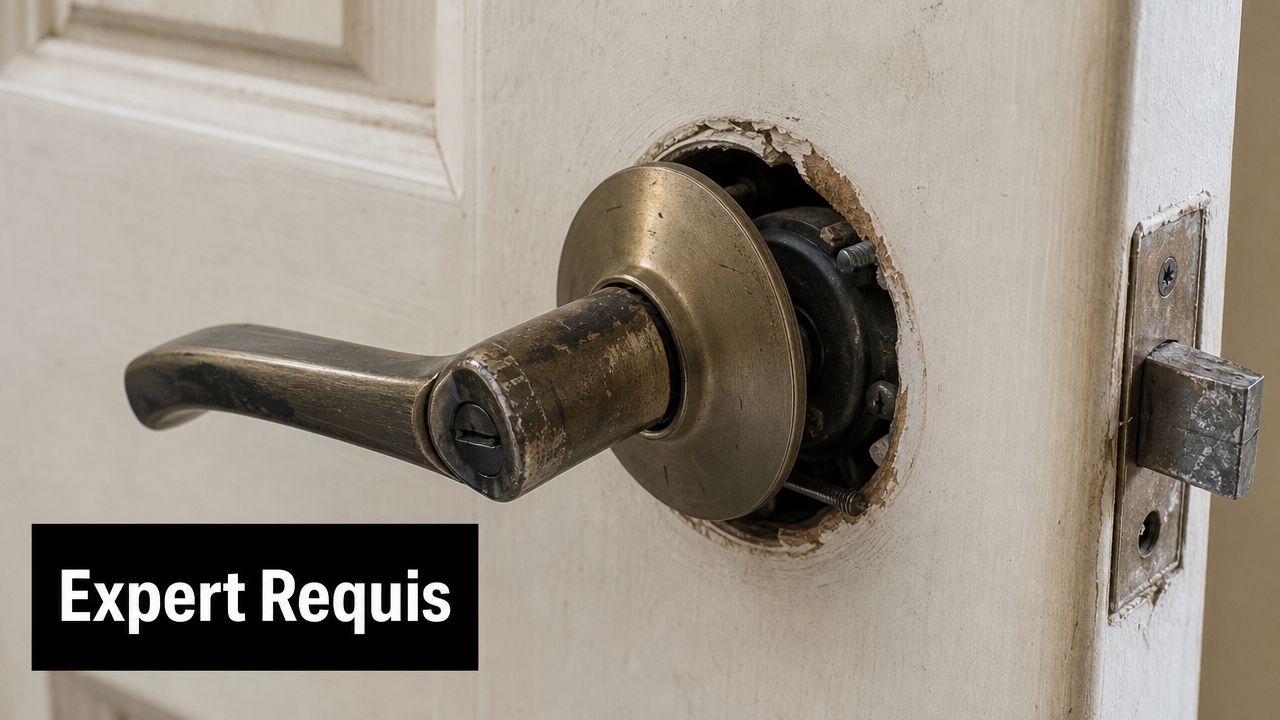 Une poignée de porte en laiton endommagée et détachée montrant le mécanisme interne sur une porte blanche.