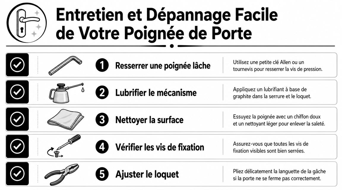 Une infographie montrant cinq étapes simples pour l'entretien et le dépannage d'une poignée de porte.