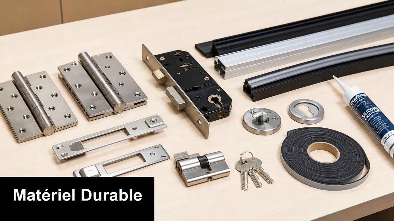 Une sélection de quincaillerie de porte, incluant des charnières, des serrures, des clés et des joints d'étanchéité.