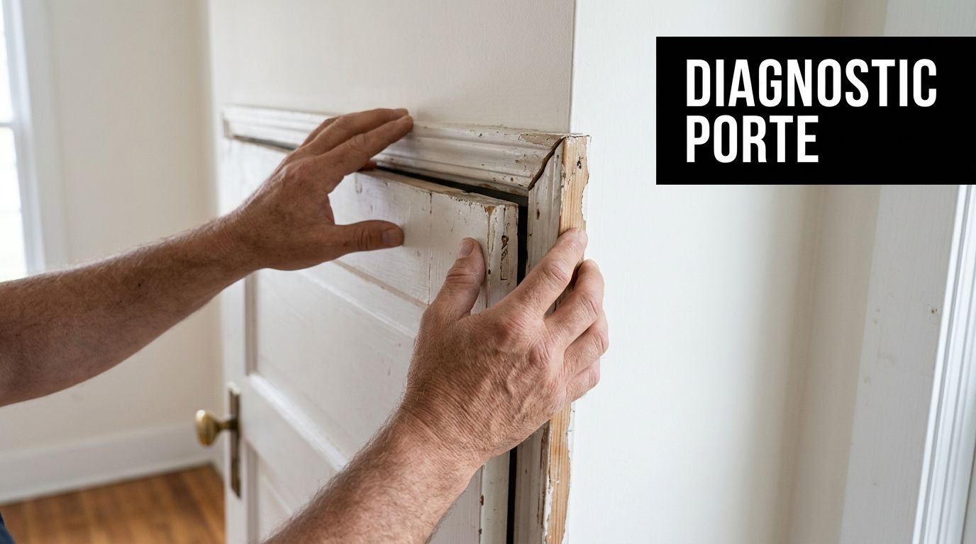Un artisan examine une porte blanche ancienne fixée sur un cadre en bois dans une maison.