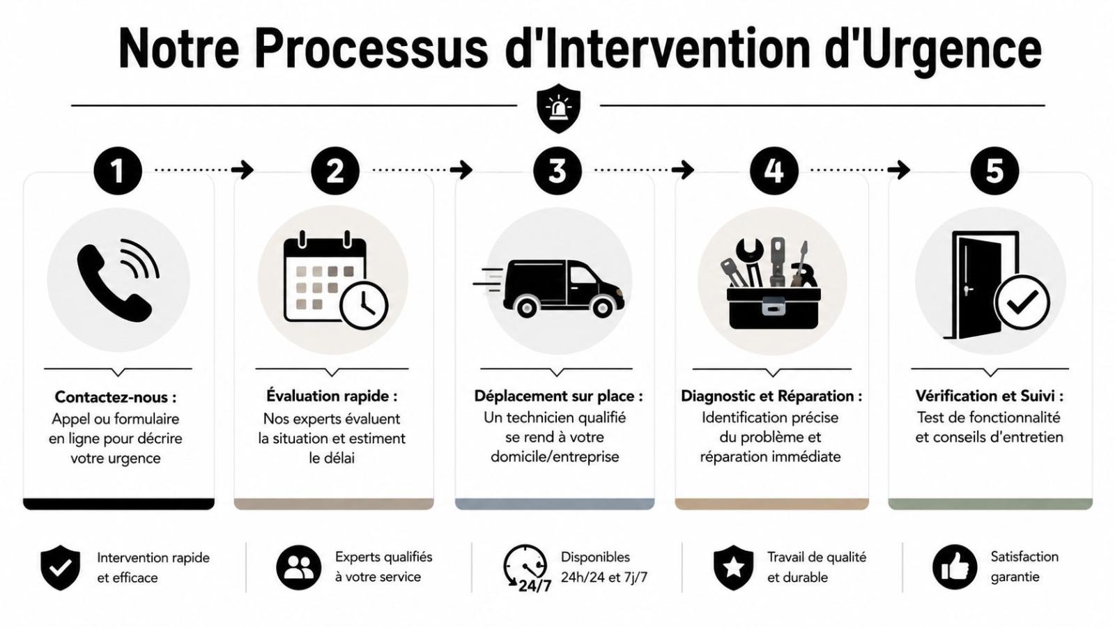 Processus d'intervention d'urgence illustré en cinq étapes pour des services de réparation et dépannage professionnels.