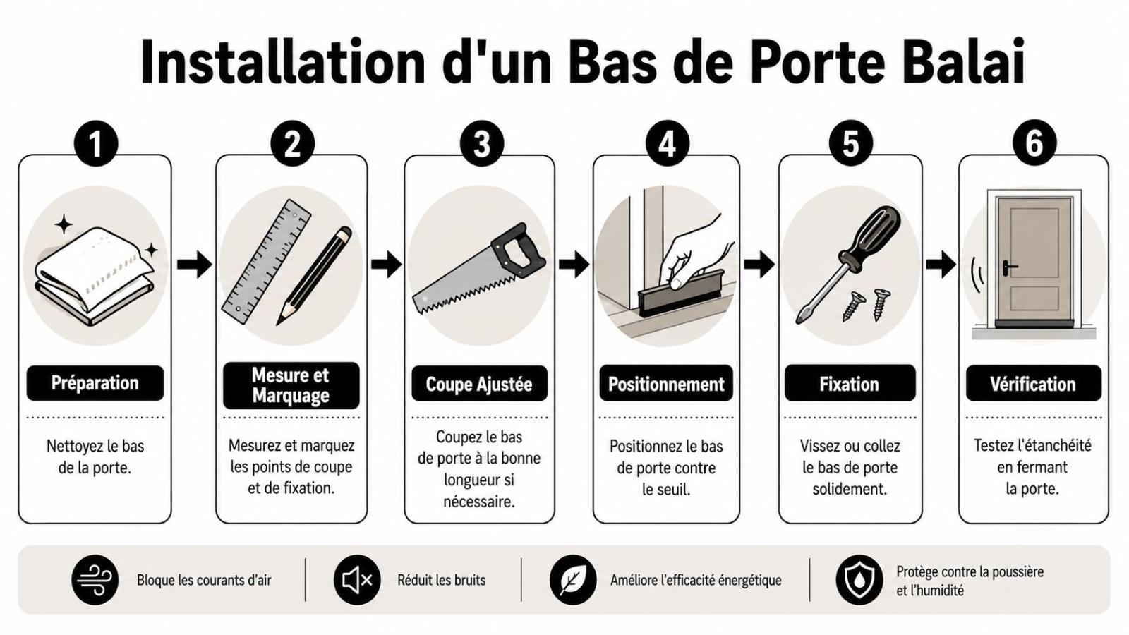 A step-by-step infographic explaining how to effectively install a door sweep on a door.