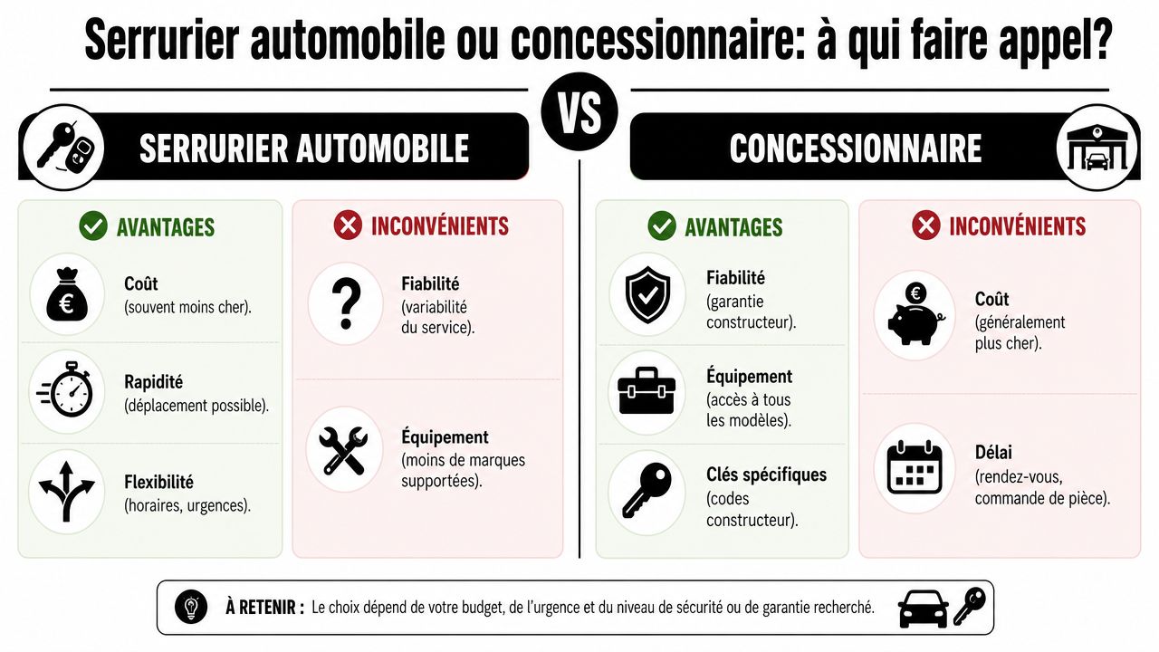 Comparatif entre faire appel à un serrurier automobile ou à un concessionnaire pour ses clés de voiture.