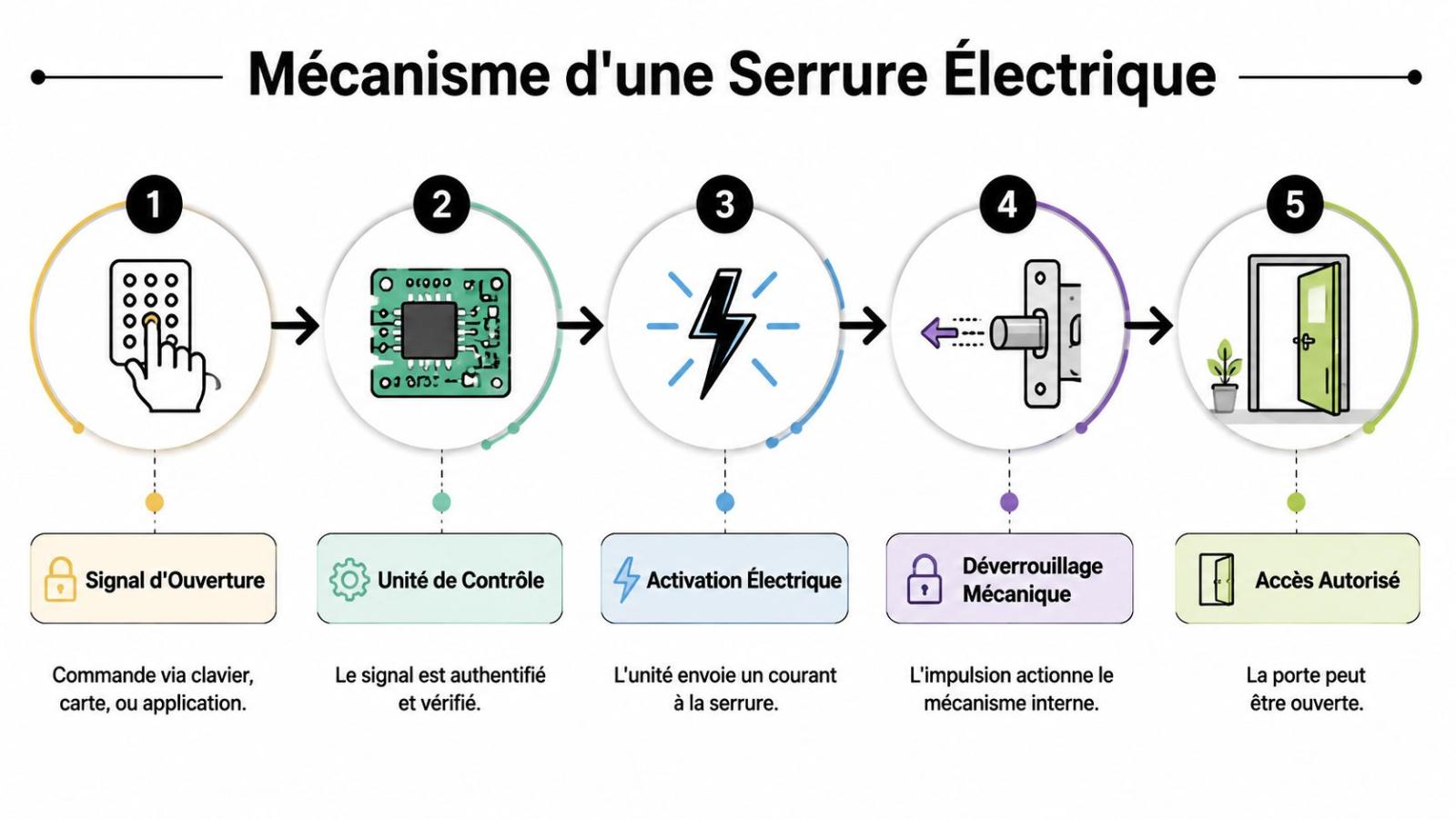 Schéma illustrant le fonctionnement étape par étape d'un mécanisme de serrure électrique pour porte d'entrée sécurisée.