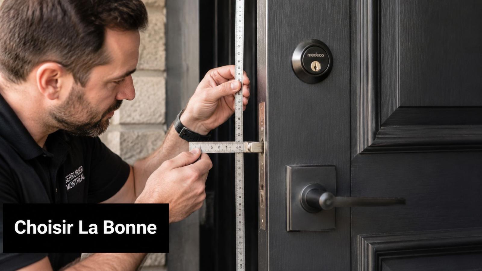 Un serrurier professionnel mesure minutieusement le mécanisme d'une serrure sur une porte d'entrée résidentielle moderne.