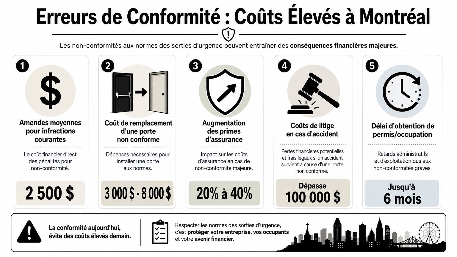 Infographie montrant les coûts financiers élevés liés à la non-conformité des portes de secours à Montréal.