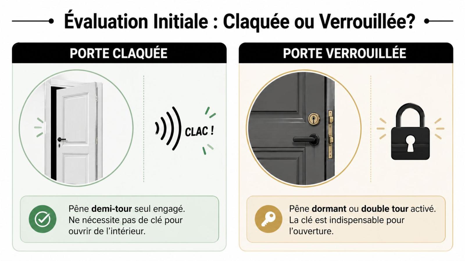 Une infographie expliquant comment distinguer une porte simplement claquée d'une porte réellement verrouillée pour le dépannage.