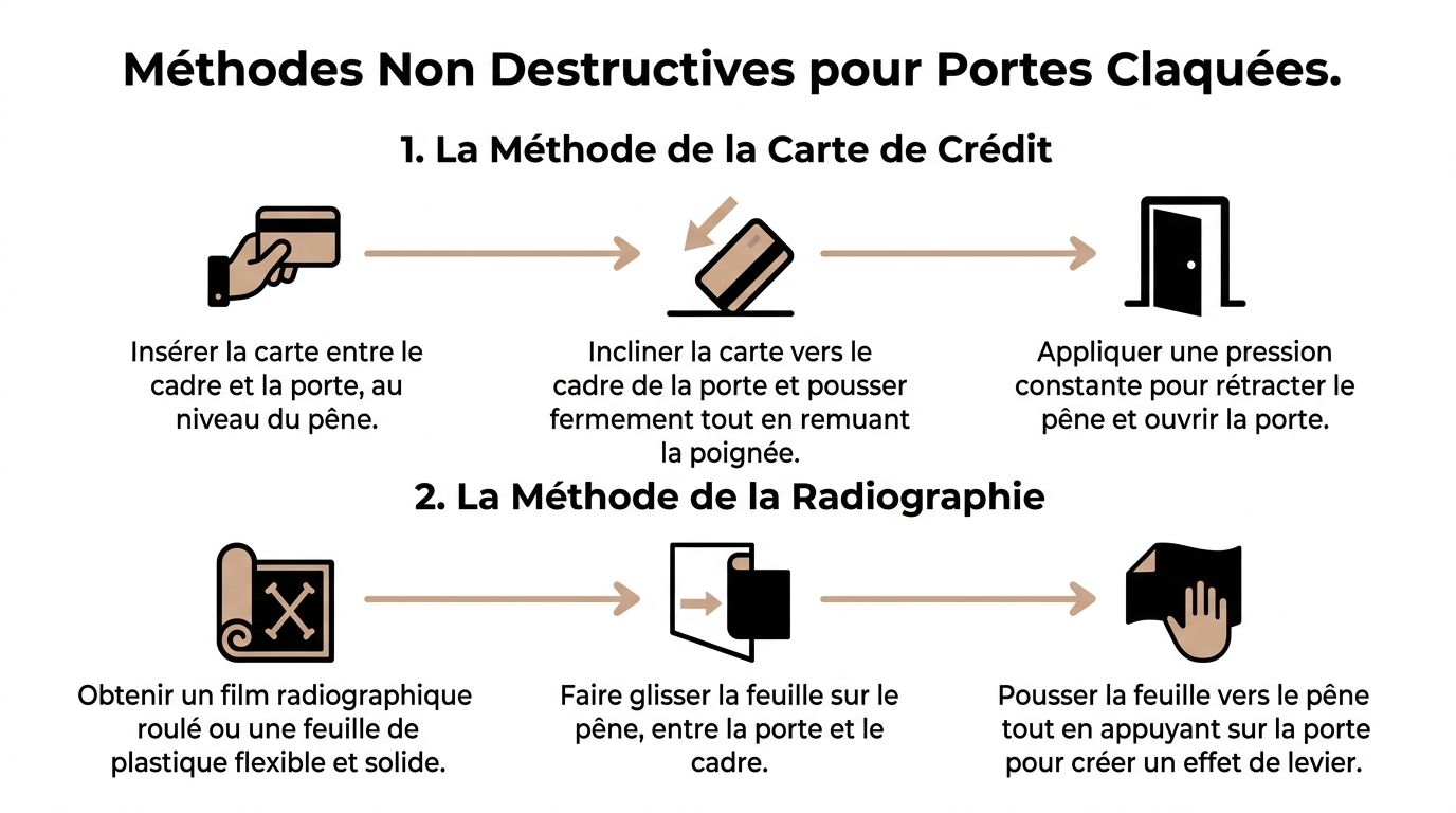 Infographie illustrant deux méthodes non destructives pour ouvrir une porte claquée sans utiliser de clé.