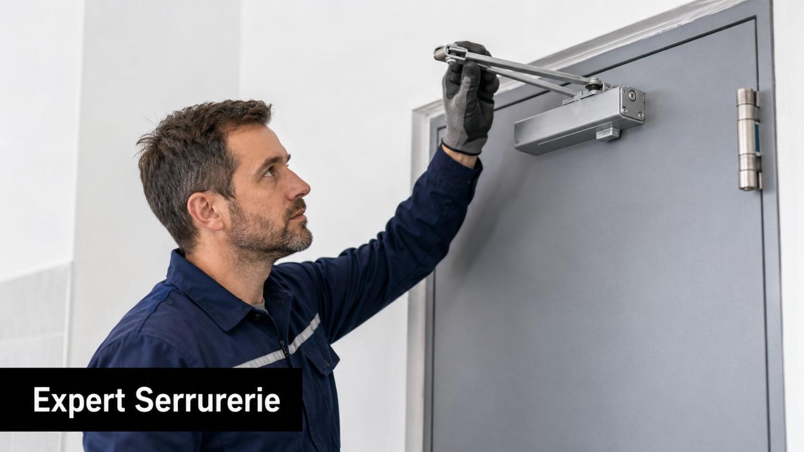 Un serrurier professionnel en uniforme installe un ferme-porte hydraulique sur une porte grise dans un bureau.