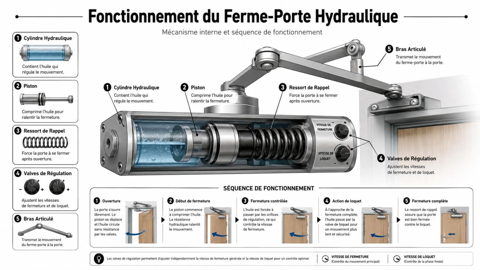 Schéma technique détaillant les composants et le fonctionnement interne d'un ferme-porte hydraulique pour portes automatiques.