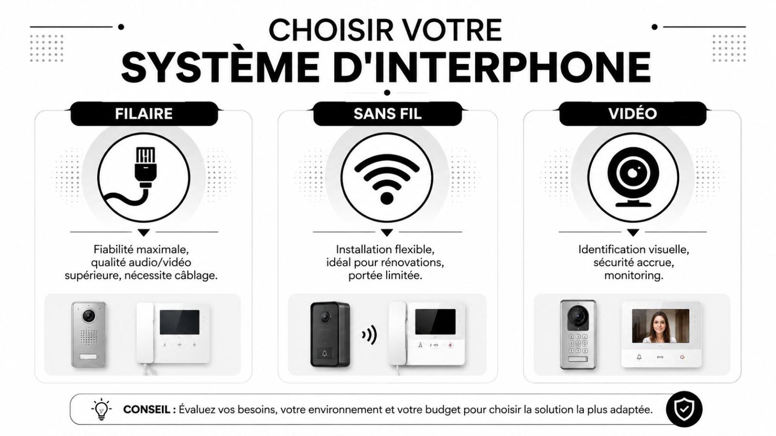 Infographie comparant les systèmes d'interphone filaires, sans fil et vidéo pour guider le choix de votre équipement.