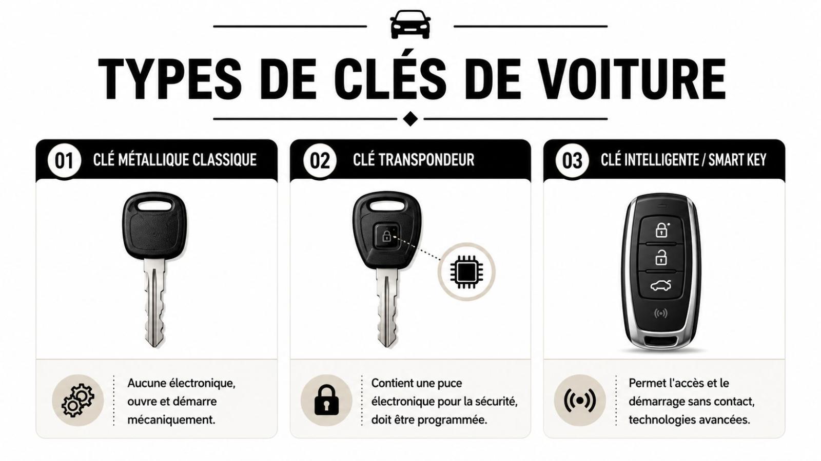 An infographic showing the three types of car keys along with their technical and functional characteristics.