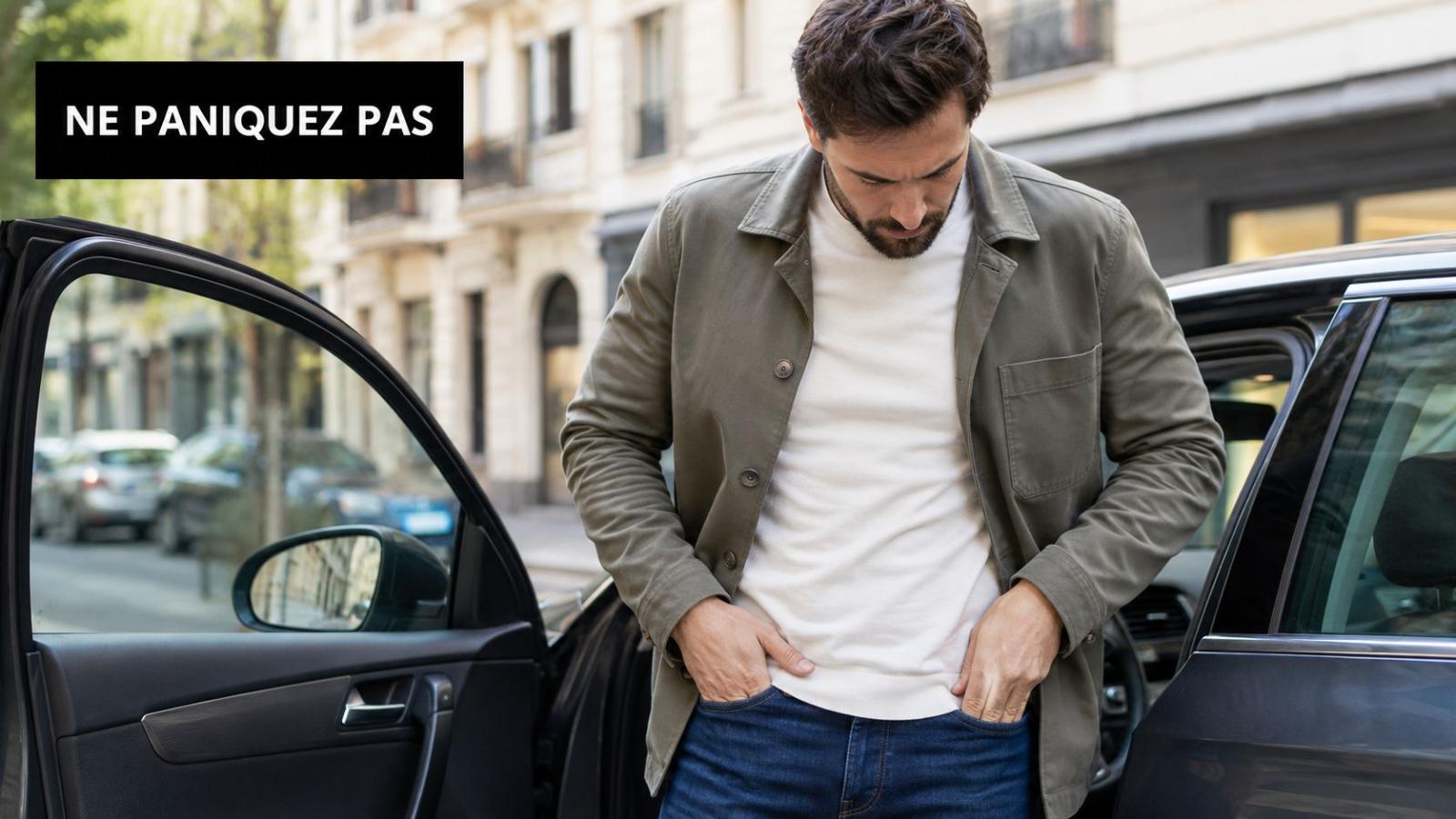 An anxious man searching for his lost car keys near his parked car in town.
