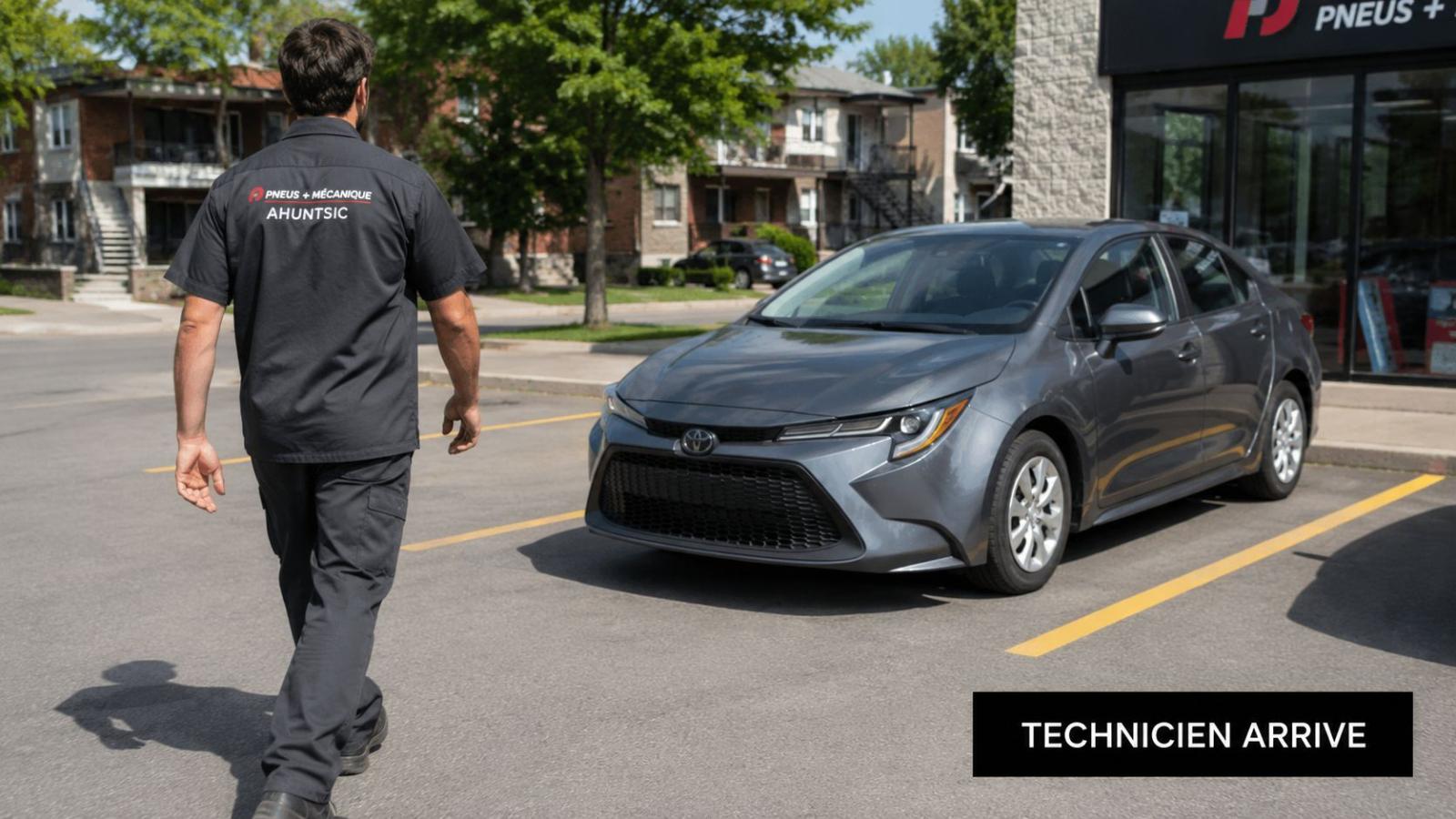 A technician in uniform is walking toward a gray car in the parking lot of an auto repair shop.