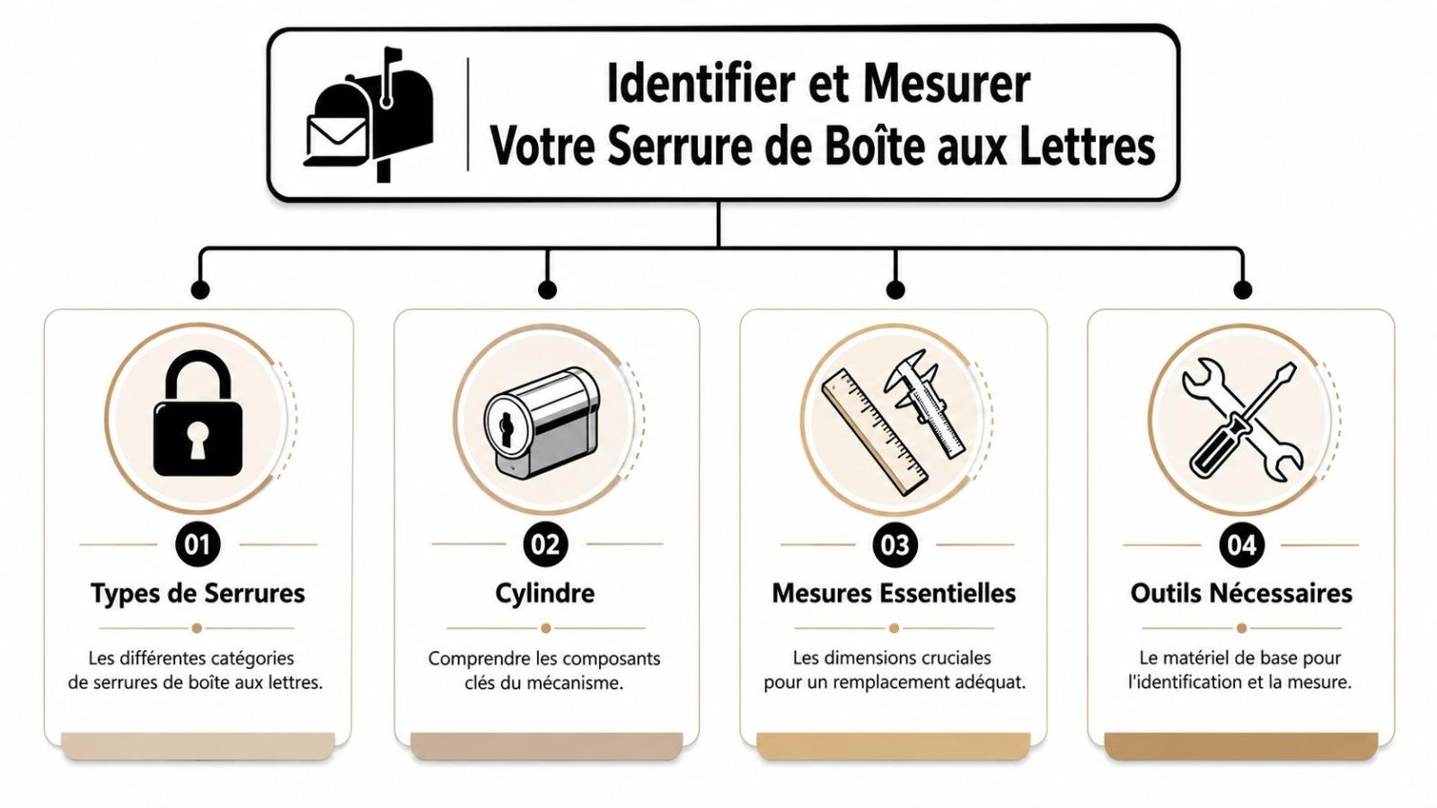 Infographie pédagogique expliquant comment identifier et mesurer une serrure de boîte aux lettres étape par étape.