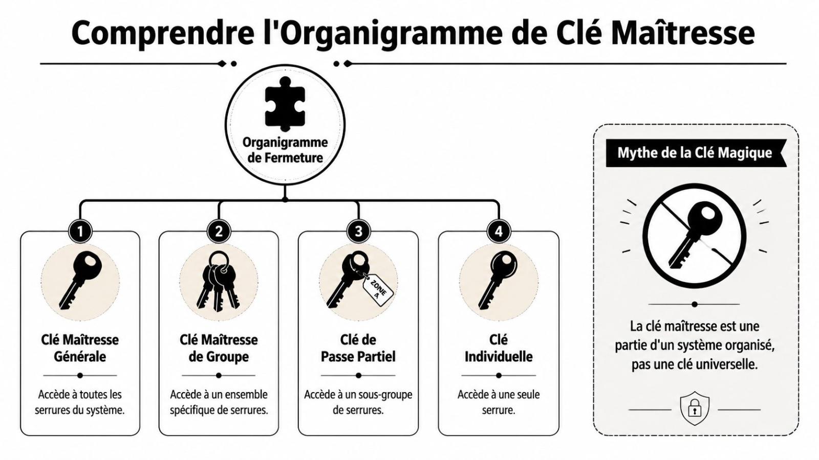 Schéma explicatif des différents types de clés dans un organigramme de fermeture de sécurité.