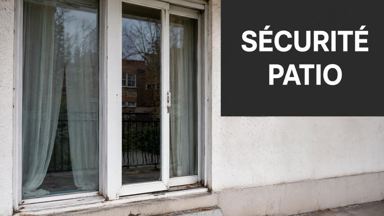 Une porte patio vitrée avec un rideau blanc devant un mur blanc portant l'inscription sécurité patio.