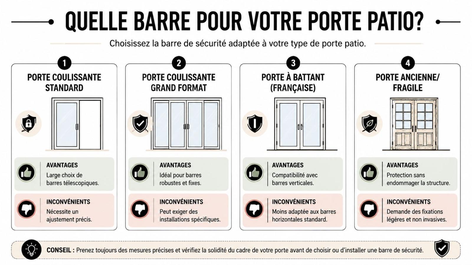 Infographie comparant les différents types de barres de sécurité adaptées aux portes patio standard, grandes, françaises ou anciennes.