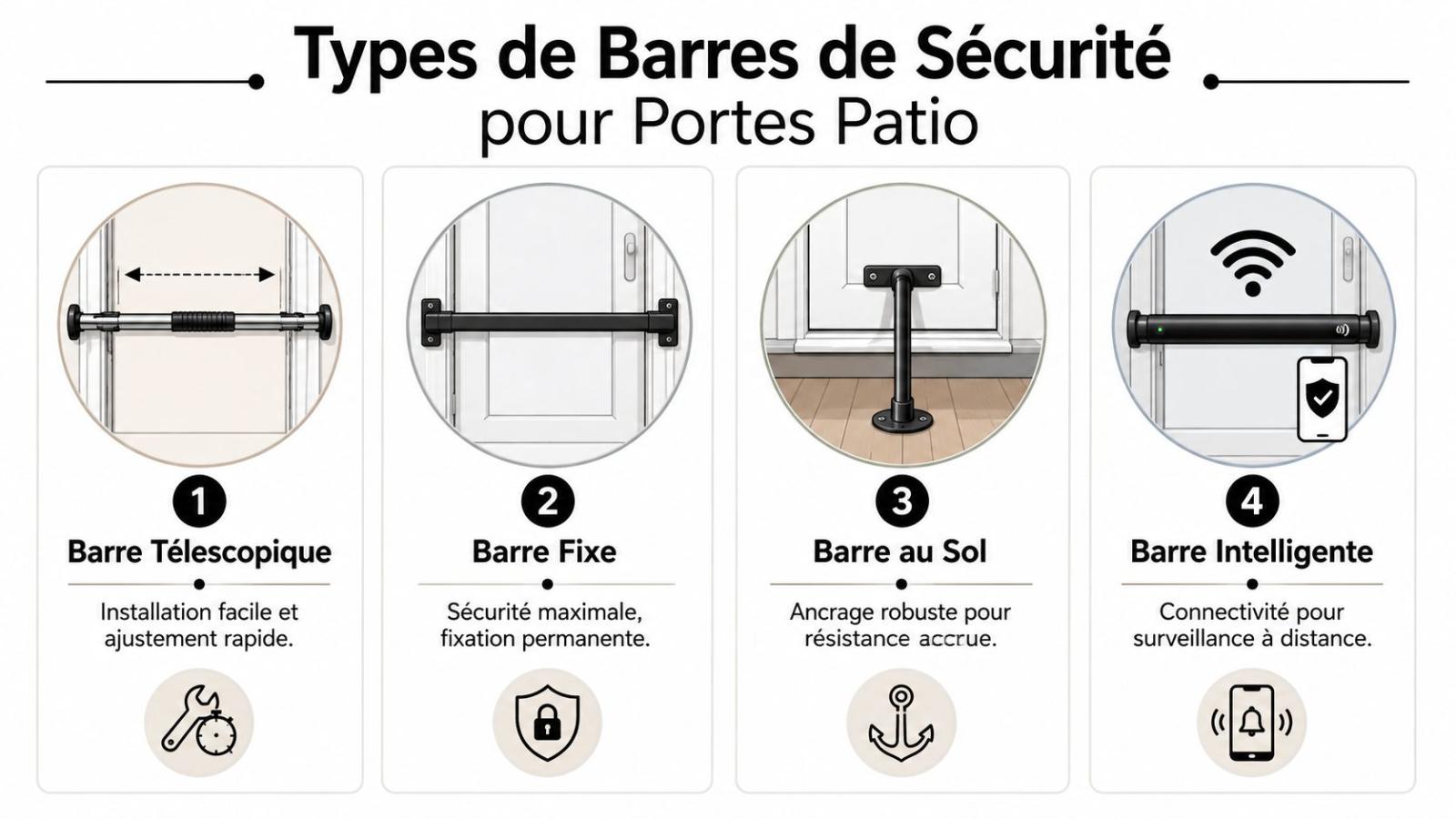 Une infographie montrant quatre types différents de barres de sécurité pour portes-fenêtres avec leurs caractéristiques principales.