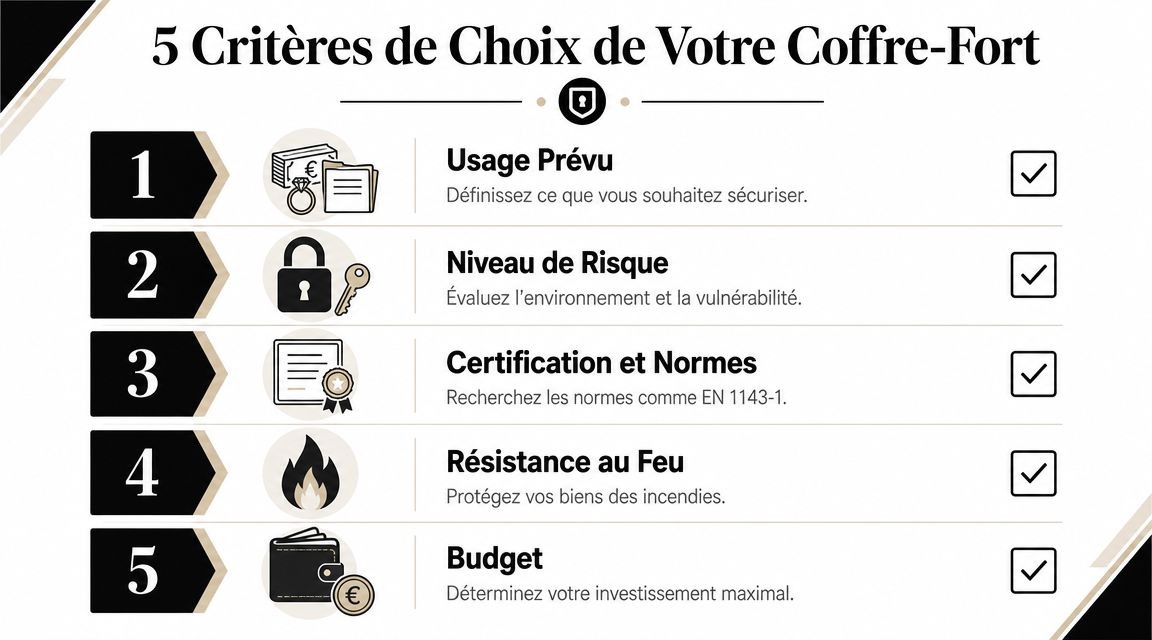 Une infographie listant les cinq critères essentiels pour bien choisir votre futur coffre-fort de sécurité.