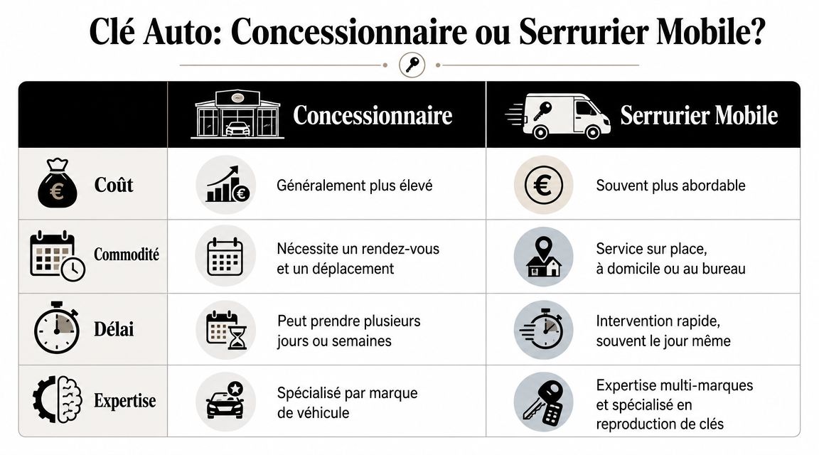 Infographic comparing car key replacement services offered by a dealership versus a mobile locksmith.
