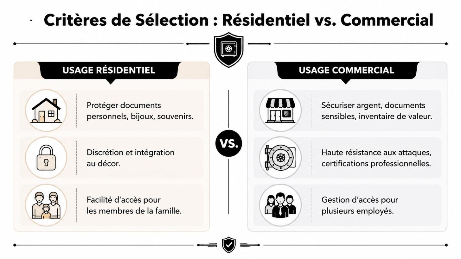 Tableau comparatif illustrant les critères de sélection pour un coffre-fort entre un usage résidentiel et commercial.