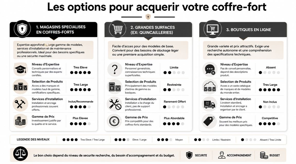 Tableau comparatif des options pour acheter un coffre-fort : magasins spécialisés, grandes surfaces et boutiques en ligne.