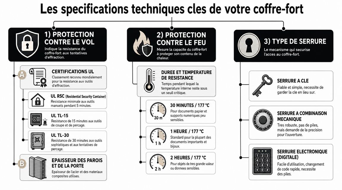 Infographie illustrant les caractéristiques techniques essentielles d'un coffre-fort : protection contre le vol, le feu et types de serrures.