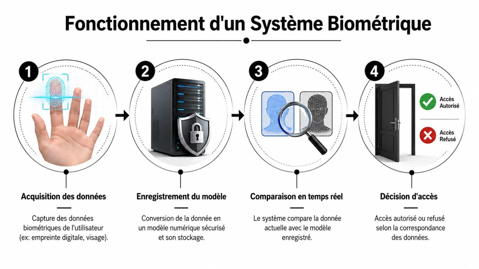 Schéma illustrant les quatre étapes du fonctionnement d'un système biométrique, de la capture des données à la décision d'accès.