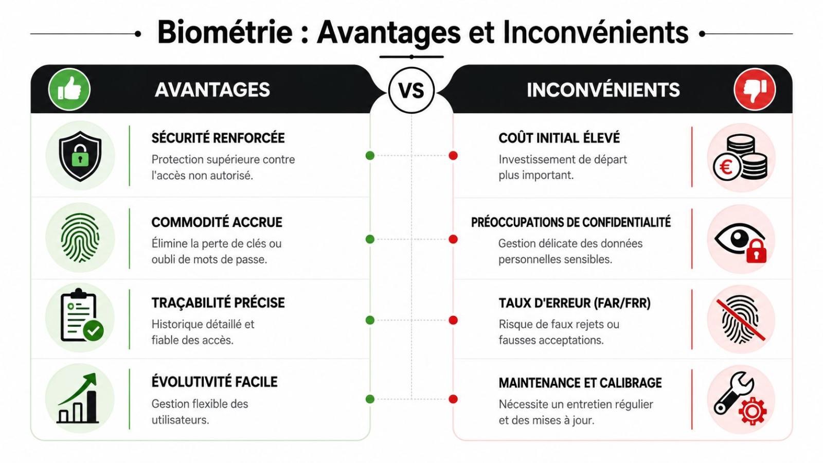Tableau comparatif illustrant les avantages et les inconvénients des systèmes de sécurité par biométrie.
